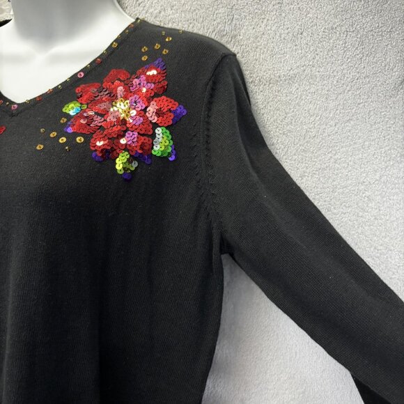 NEW Quacker Factory Floral Sequin Sweater Size XS Black Holiday Long Sleeve Top - Picture 9 of 13